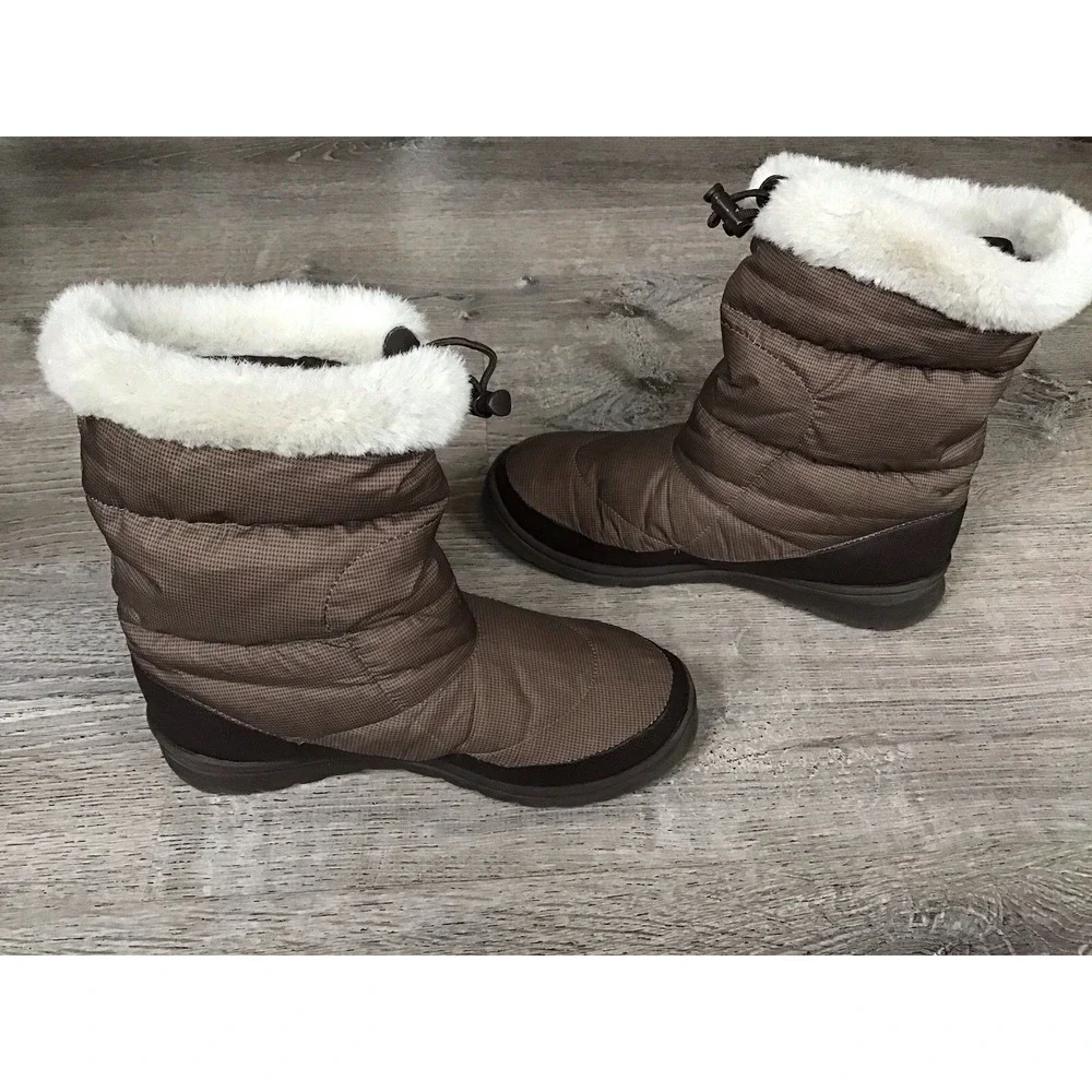 The North Face Womens Size 9 Nuptse Bootie Goose Down Brown Faux Fur Trim Boots